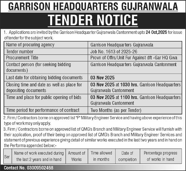 Garrison Headquaters Gujranwala Tender Notice